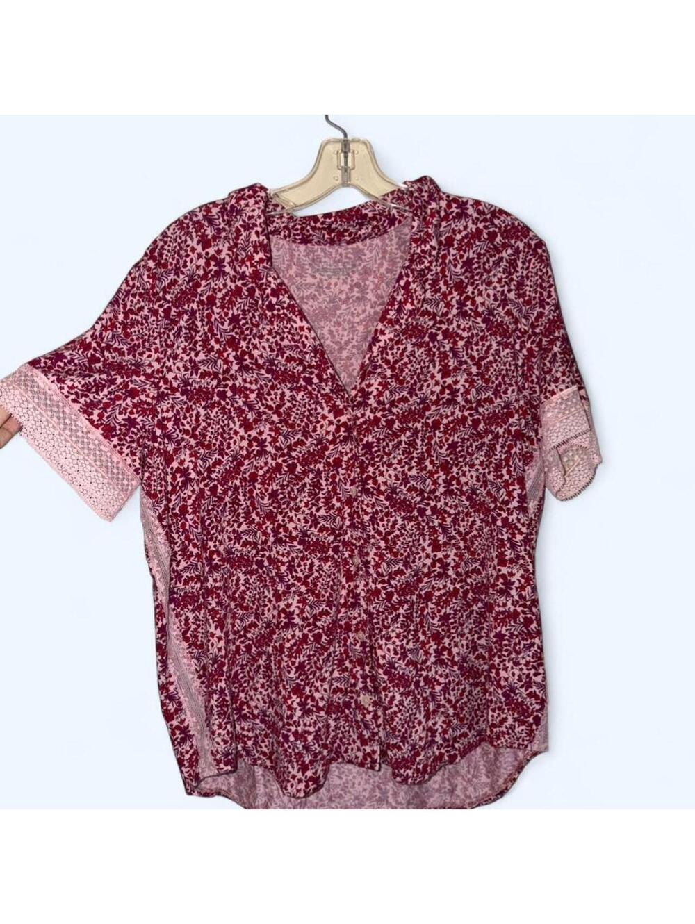 Red floral sheer Victoria secret pajama top with pink lace trim